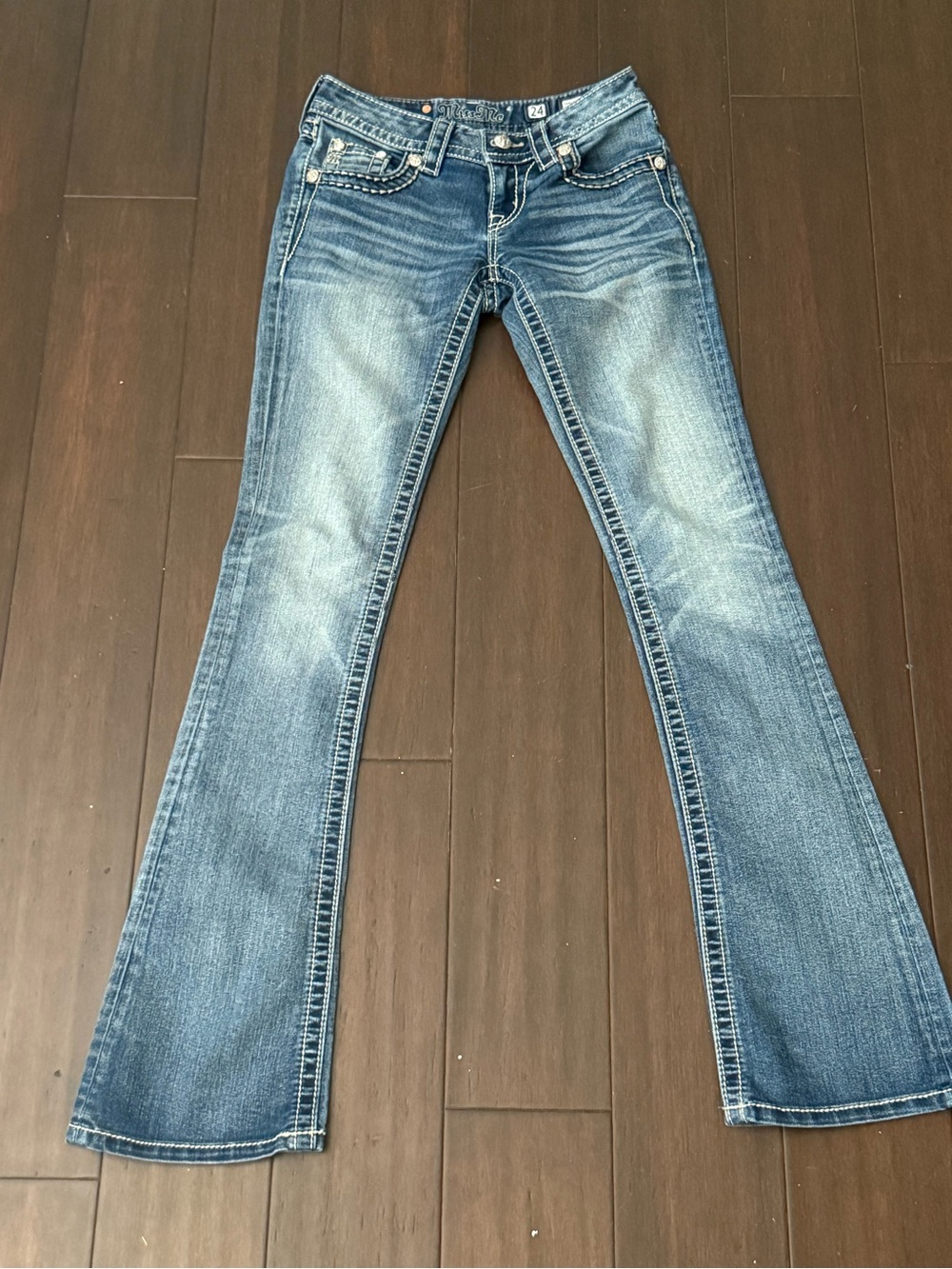 Miss Me Blue Flare Jeans with Faded Whiskering